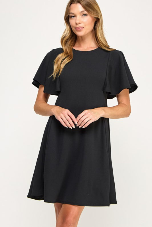 Flutter Sleeve Black Paneled Dress