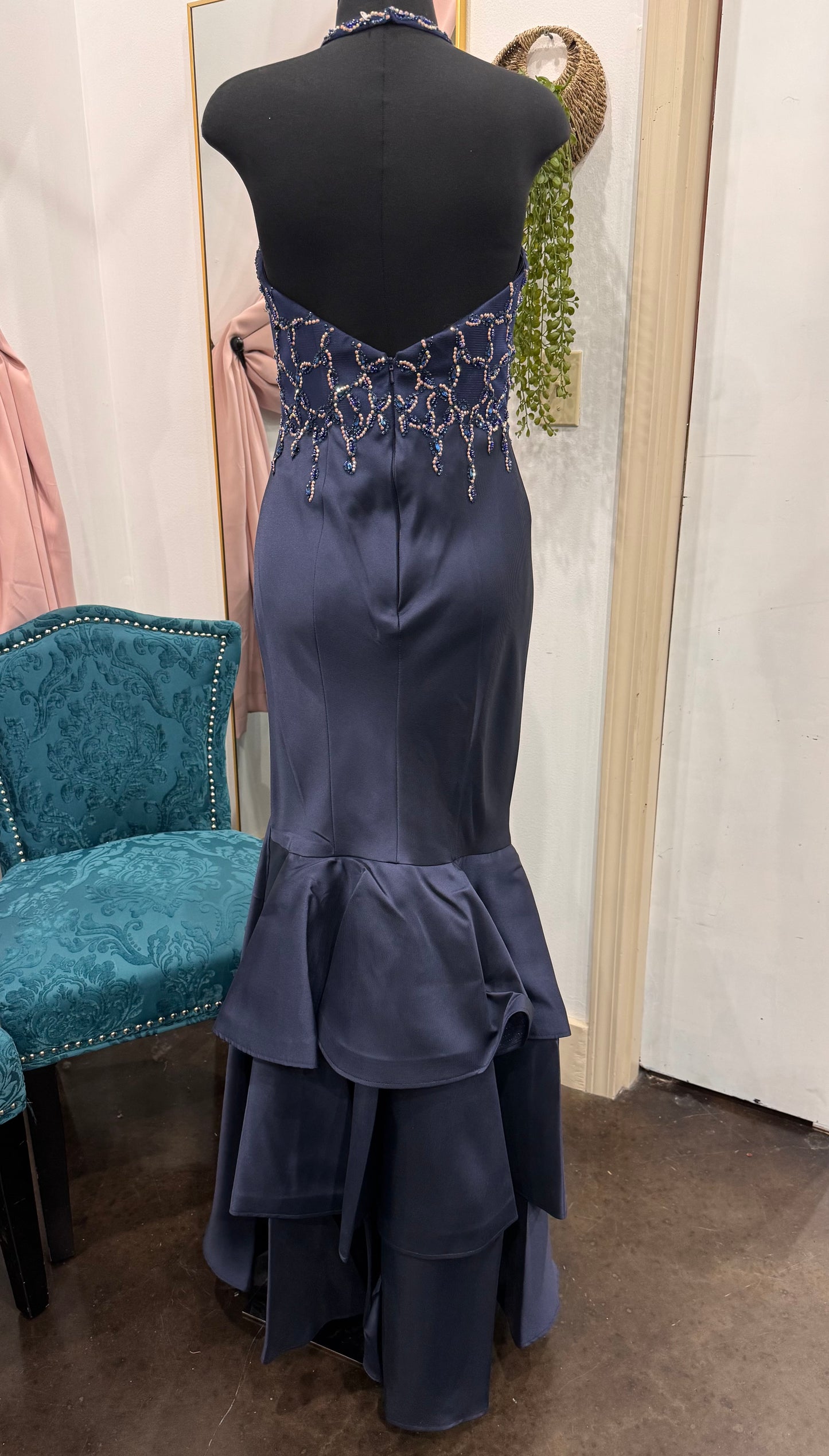 Navy Ruffled Mermaid Skirt Prom Dress ~ Large