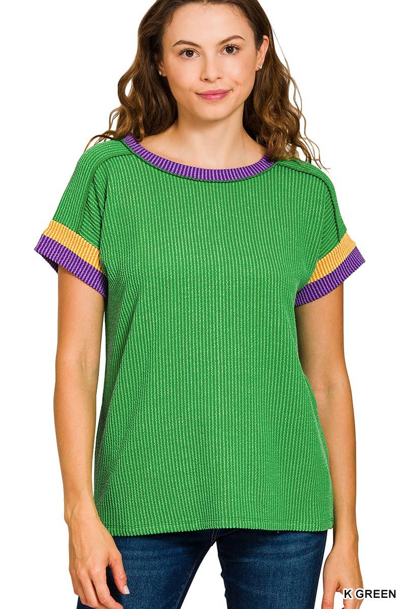 Mardi Gras Raised Rib Contrast Trim Top