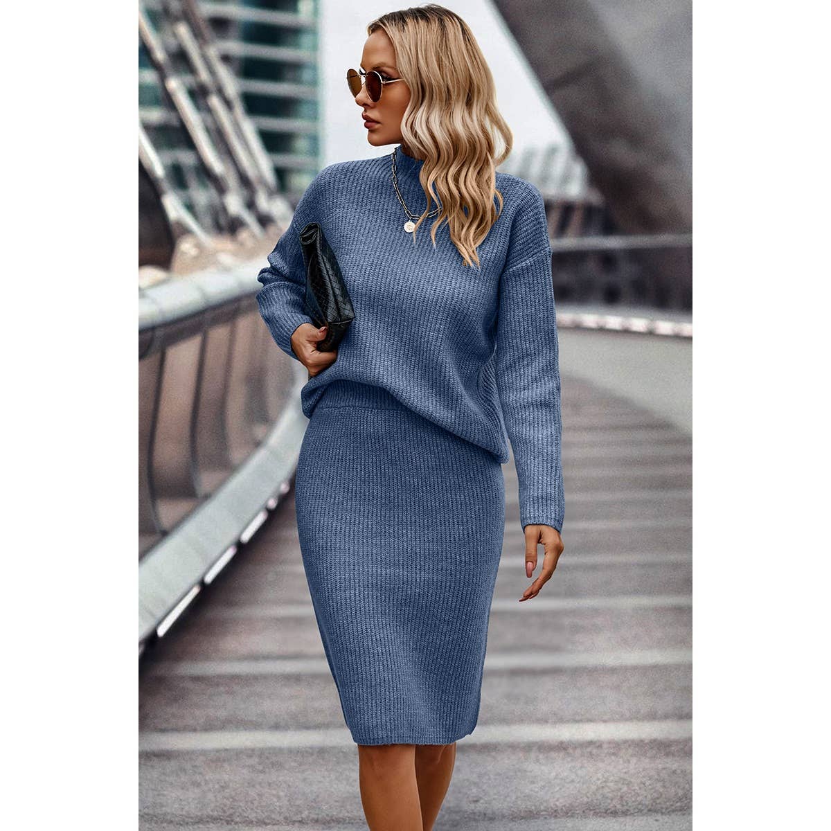 Two Pieces Solid Thick Knit Loose Wrap Dress Set