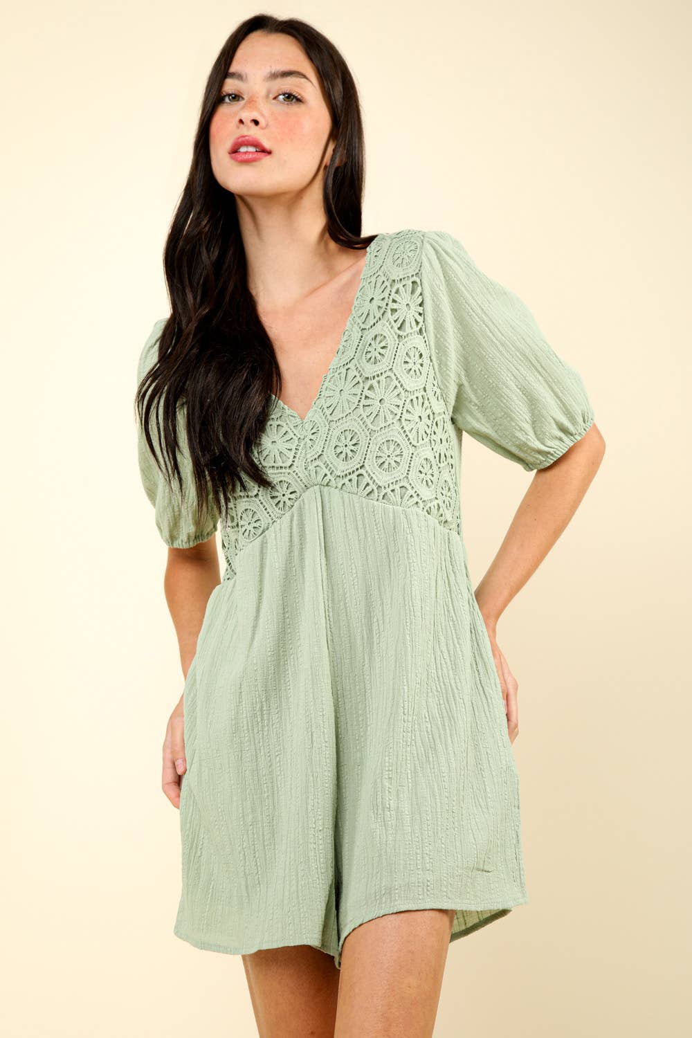 Lace Detail Puff Sleeve Solid Woven Romper