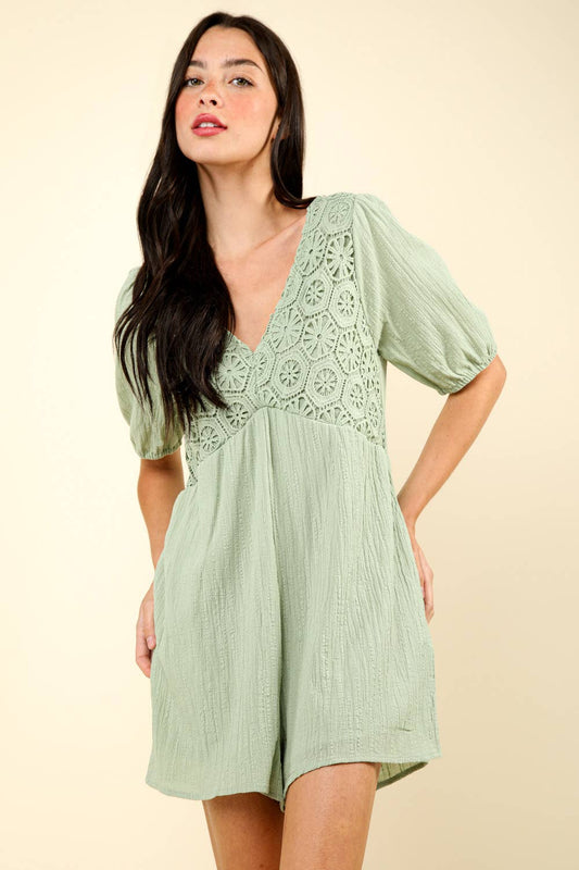 Lace Detail Puff Sleeve Solid Woven Romper