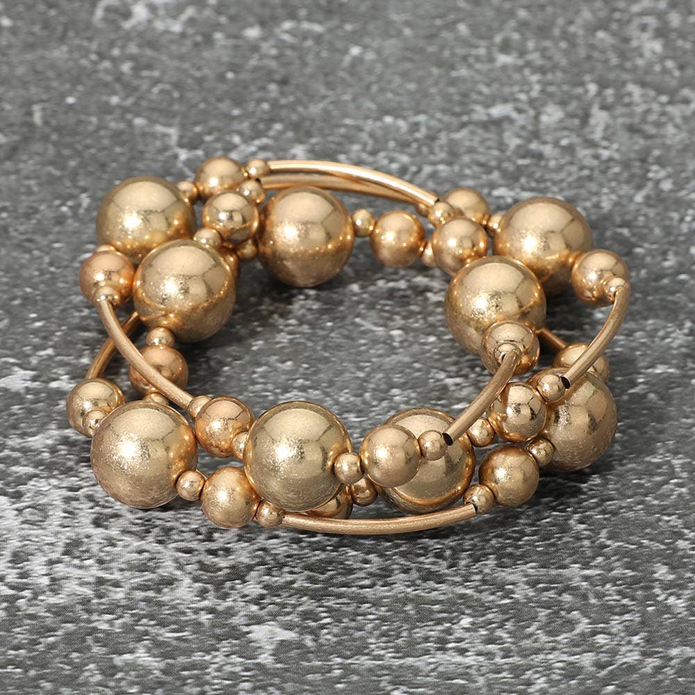 3PCS - Metal Ball Bar Beaded Stretch Multi Layered Bracelets: Worn Gold