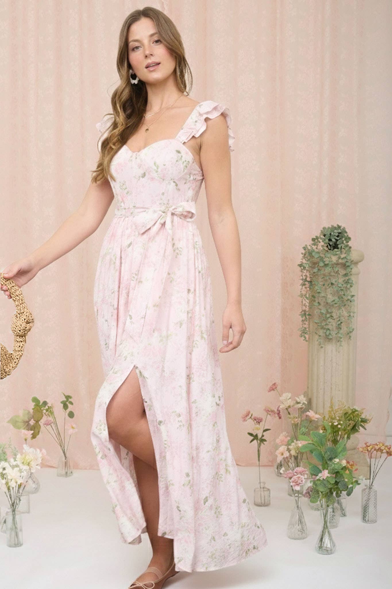 FLORAL WAIST TIE SIDE SLIT CORSET MAXI DRESS