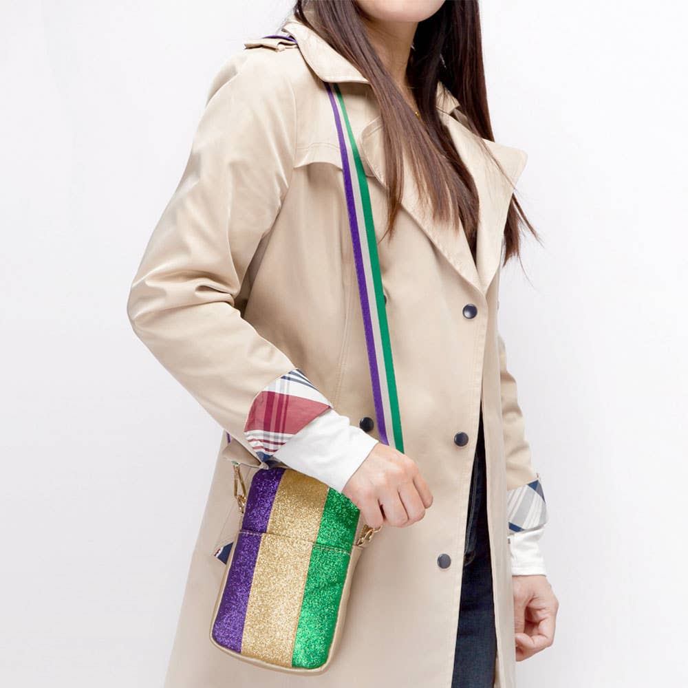 Faux Leather Mardi Gras Sparkle Front Small Crossbody Bag: Gold