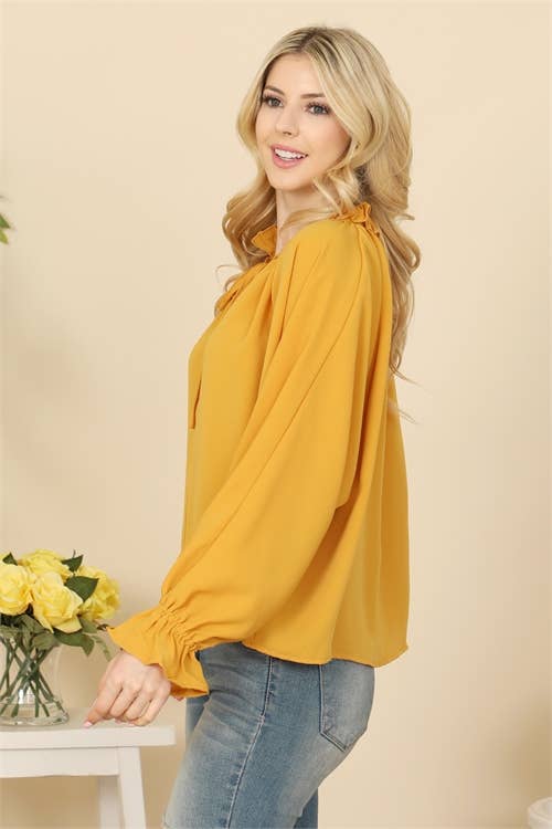 Mustard Long Sleeve Ruffle Tie Neck Top