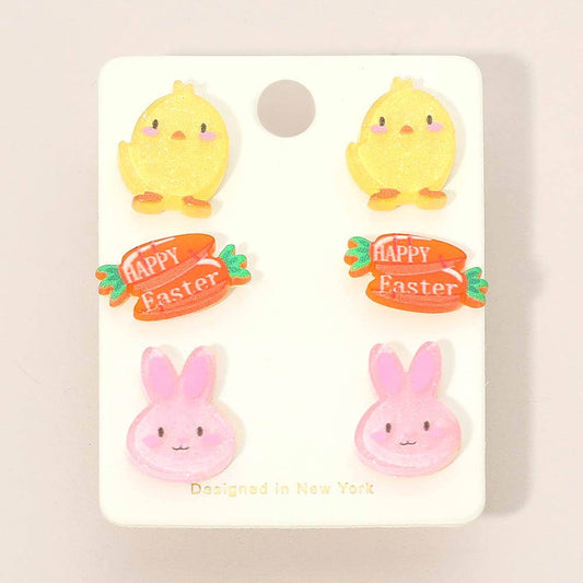 3Pairs - Easter Chick Carrot Bunny Stud Earring Set