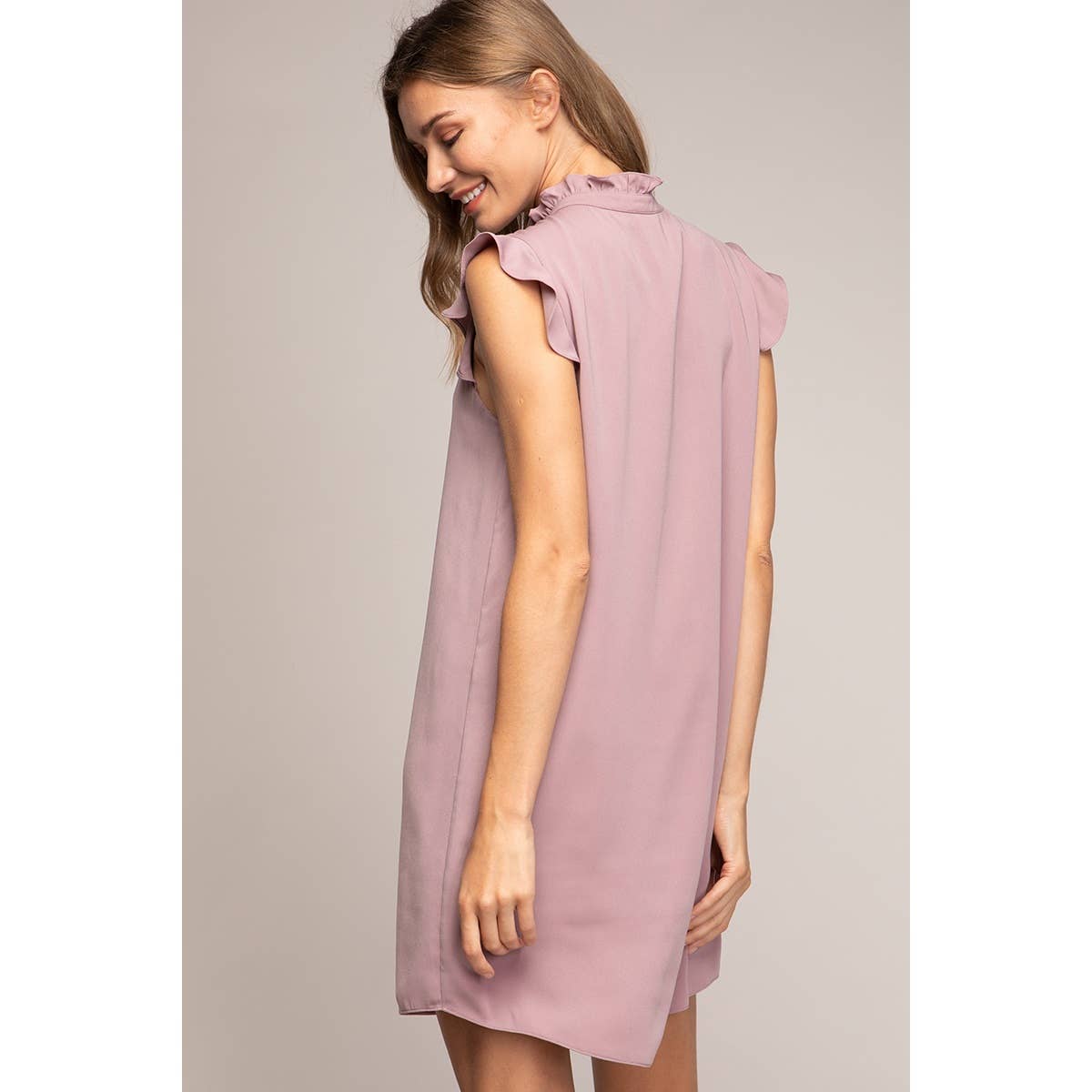 Cascade Ruffle Front Mock Neck Dress