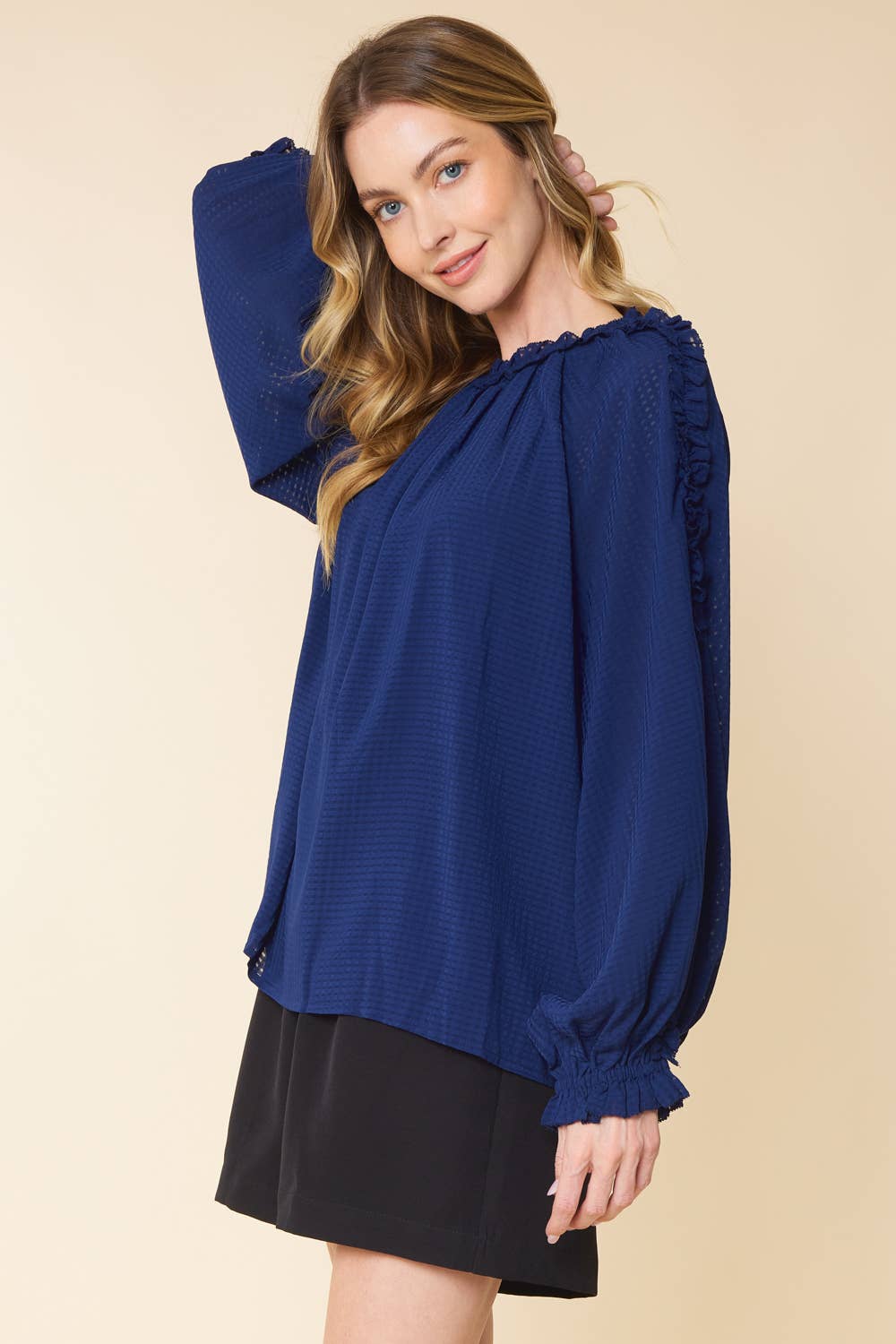 BURNOUT GINGHAM RUFFLED LONG SLEEVES TOP ~ Navy