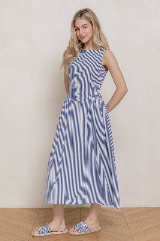 Sleeveless Boat Neck Stripe Print Linen Effect Dress