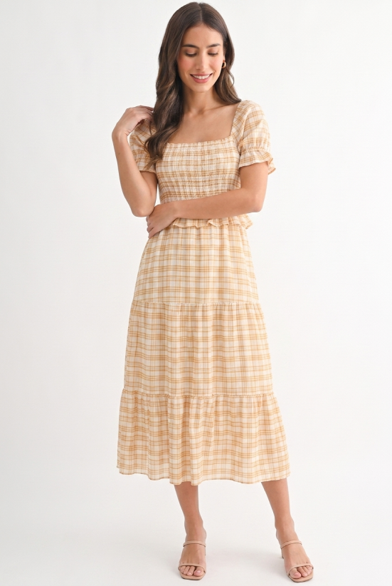 Yellow Checked Midi Dress with Puff Sleeves