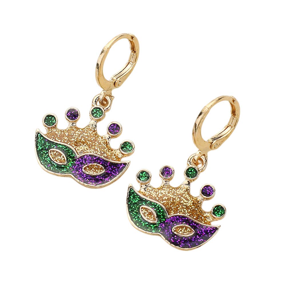 Glittered Enamel Mardi Gras Mask Dangle Earrings