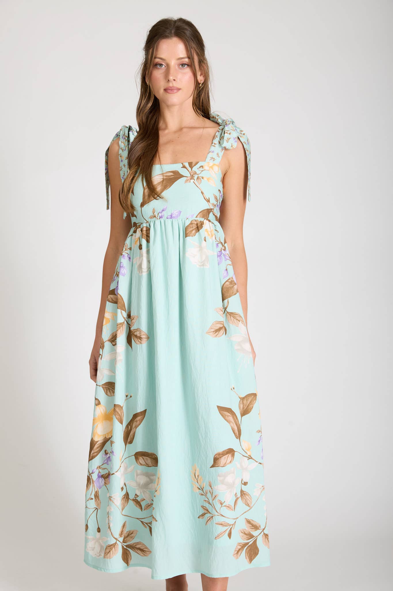 DUSTY MINT FLORAL TIE STRAP MIDI DRESS