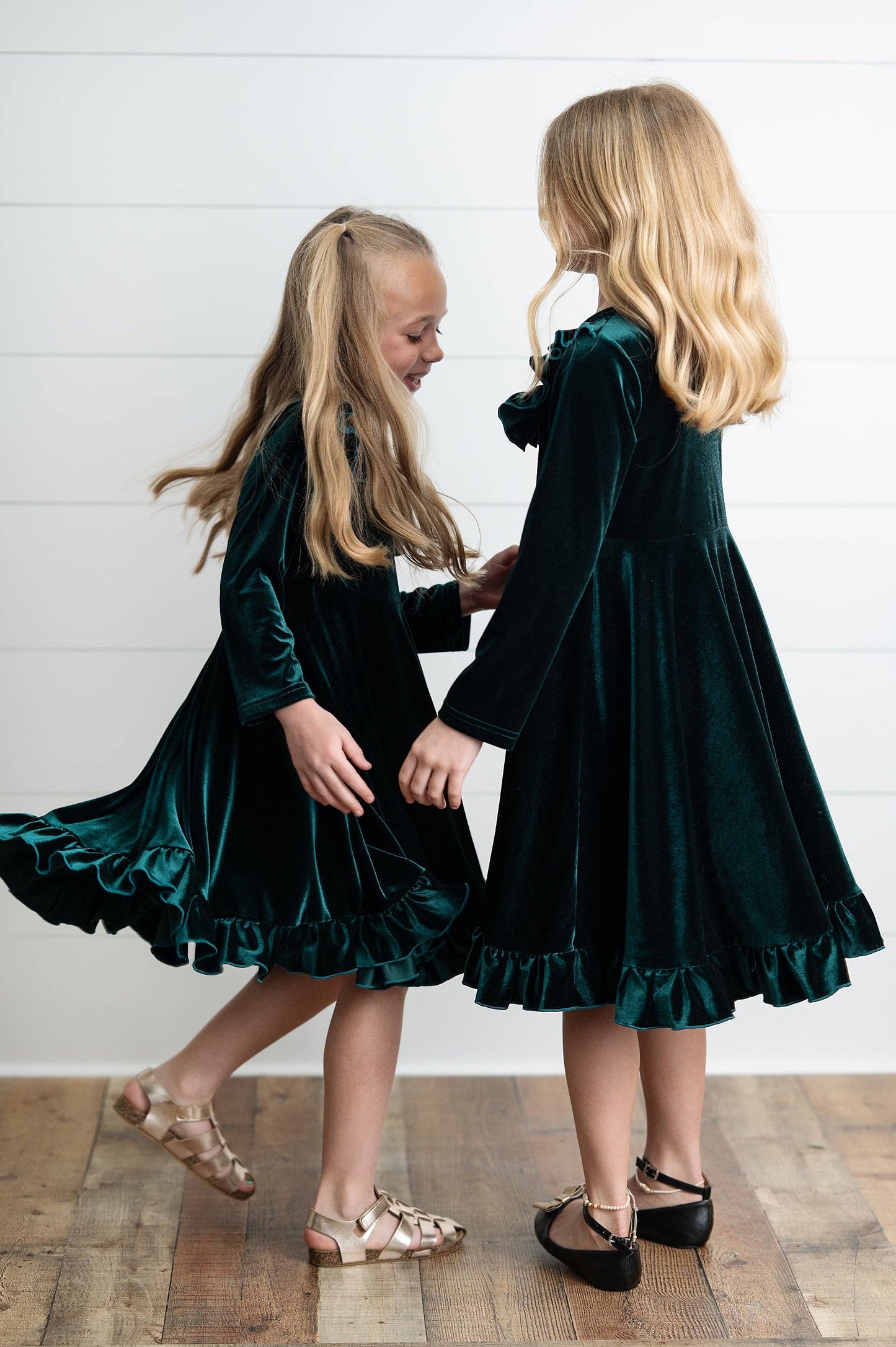 Kids Emerald Green Velvet Ruffle Dress