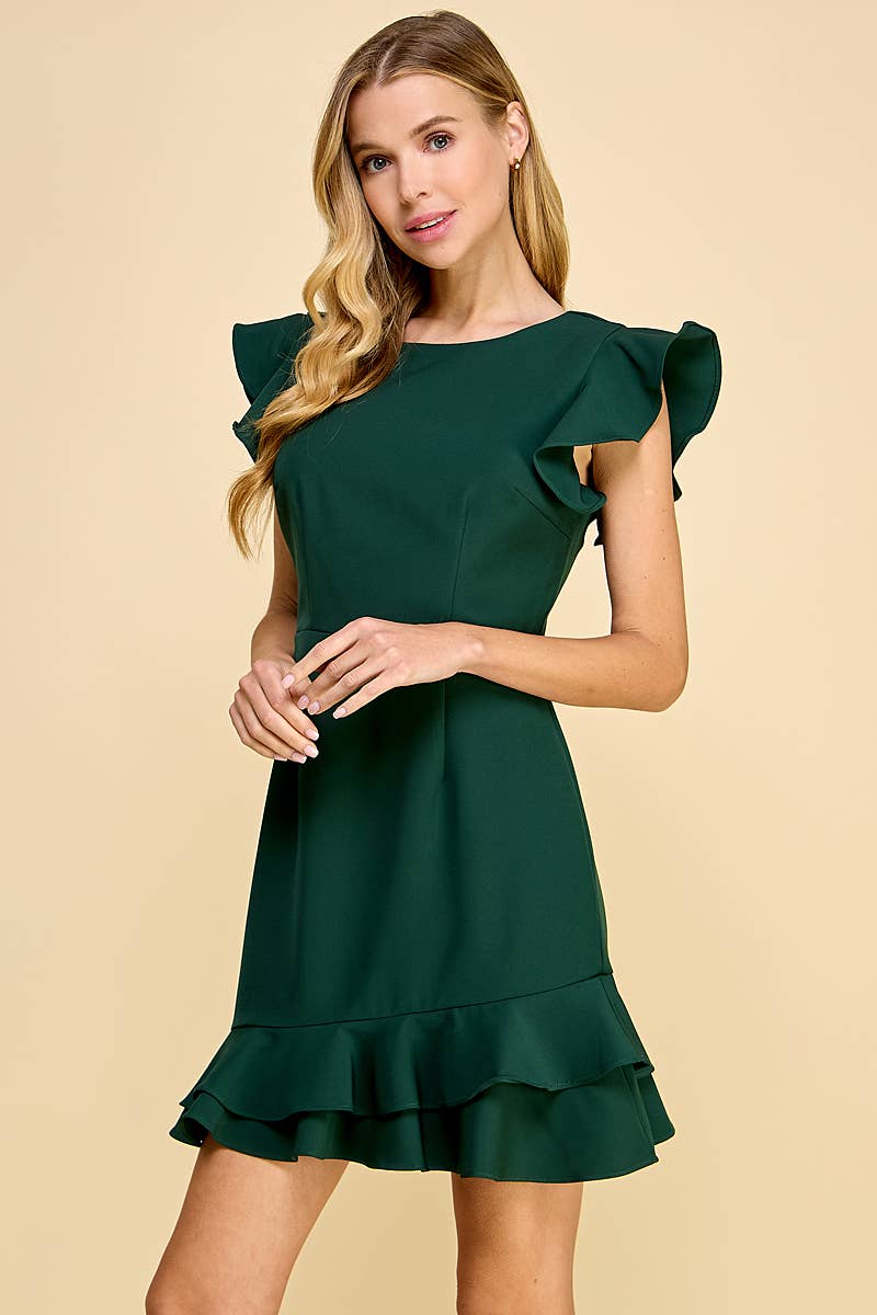 Hunter Green V-Back Ruffled Dress