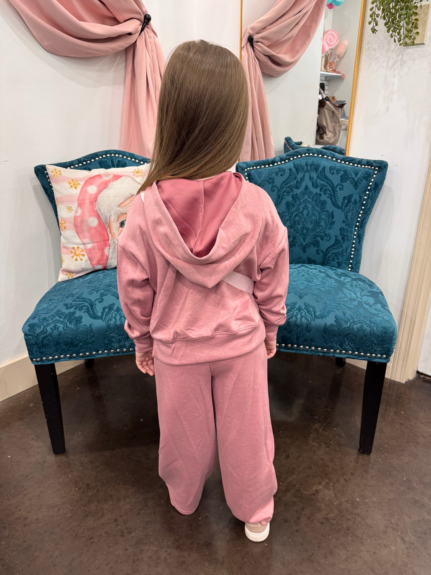 Little Girls Half Zip Hoodie, Wide Leg Pant, Fanny Bag Set ~ Blossom