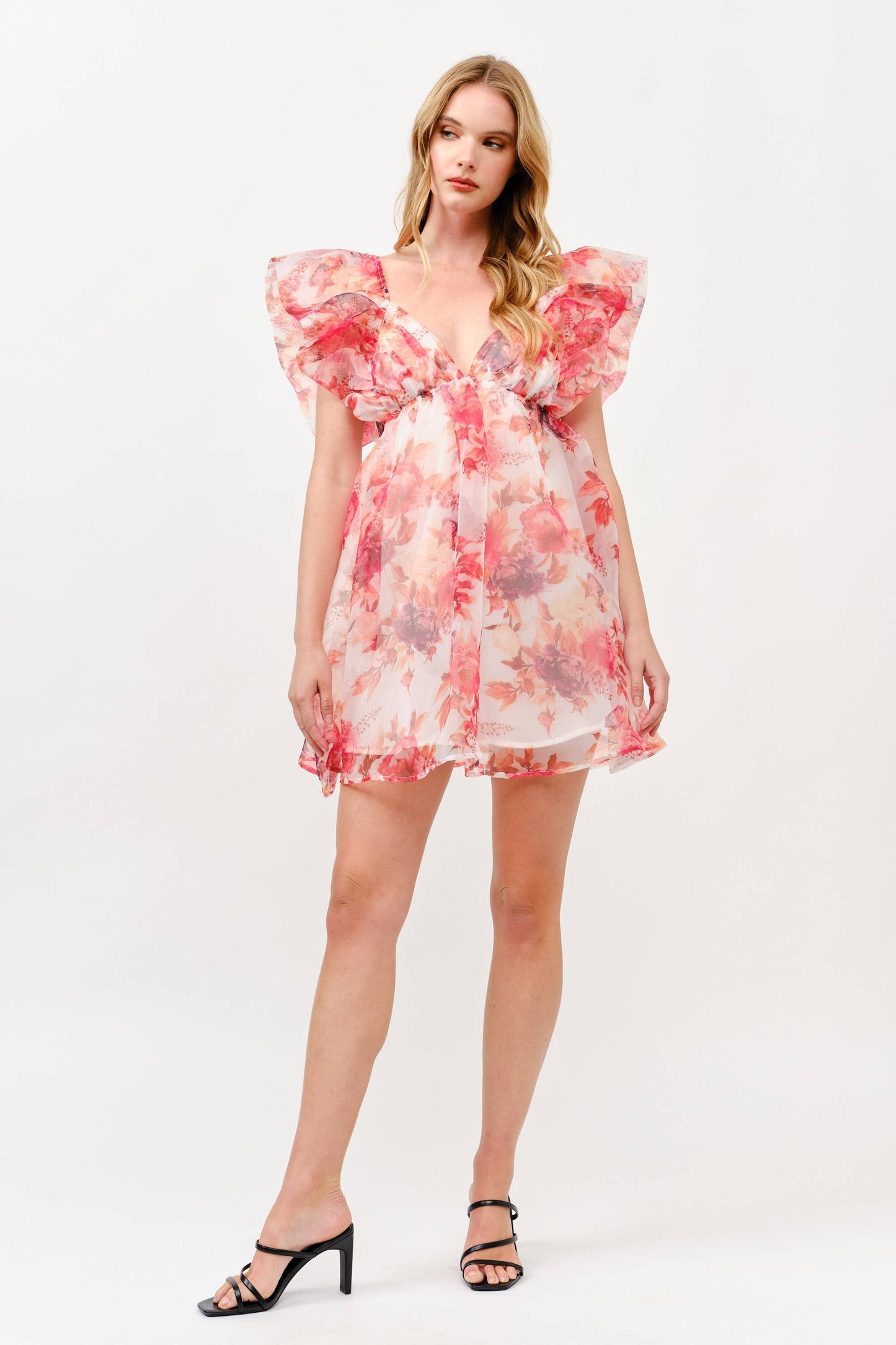 Pink Floral Chiffon Mini Dress with Ruffle Sleeves