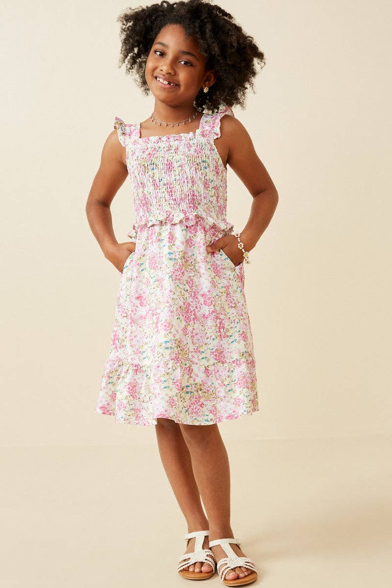 Girls Floral Print Ruffled Smocked Flutter Tank Dress
