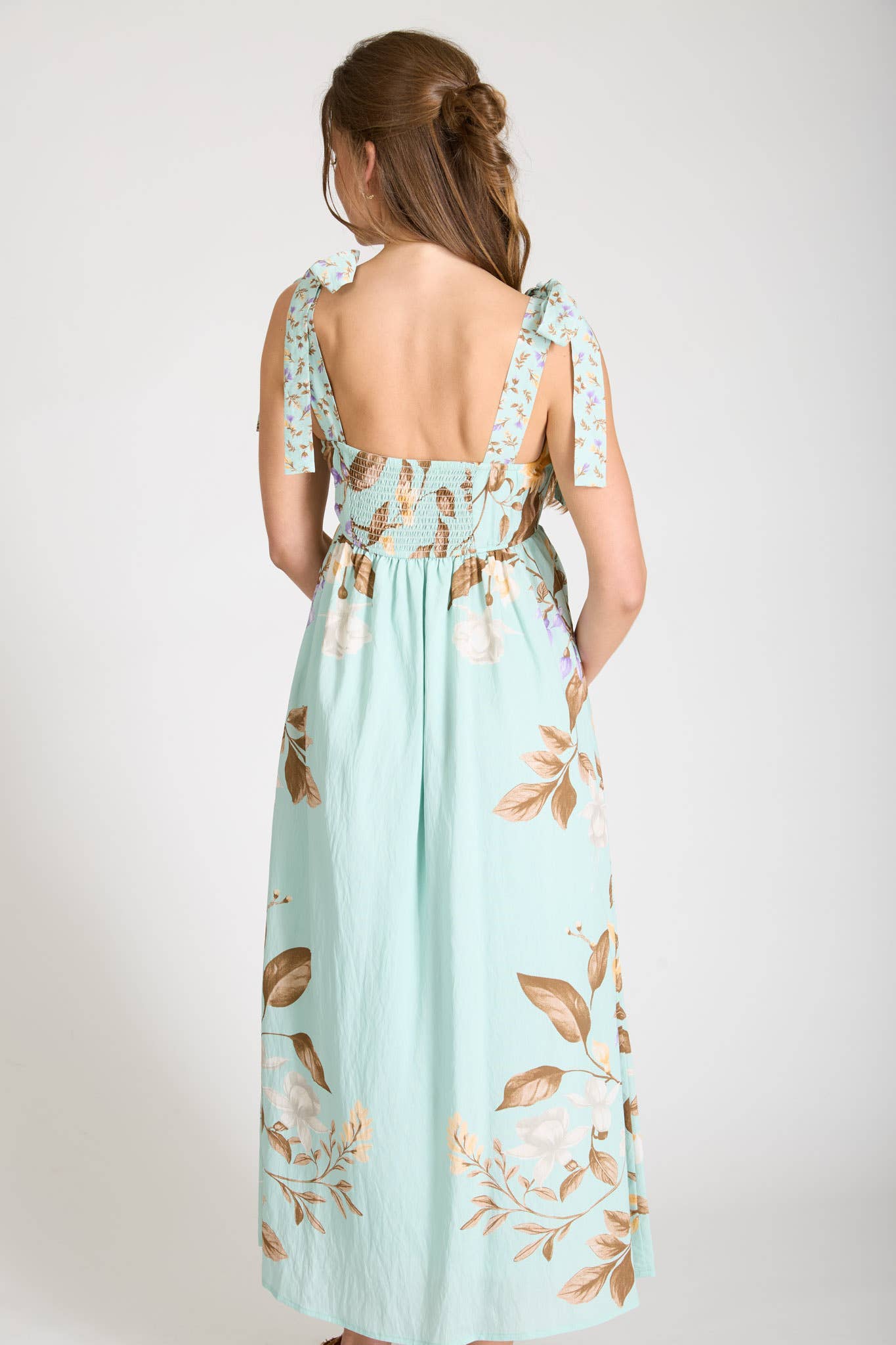 DUSTY MINT FLORAL TIE STRAP MIDI DRESS