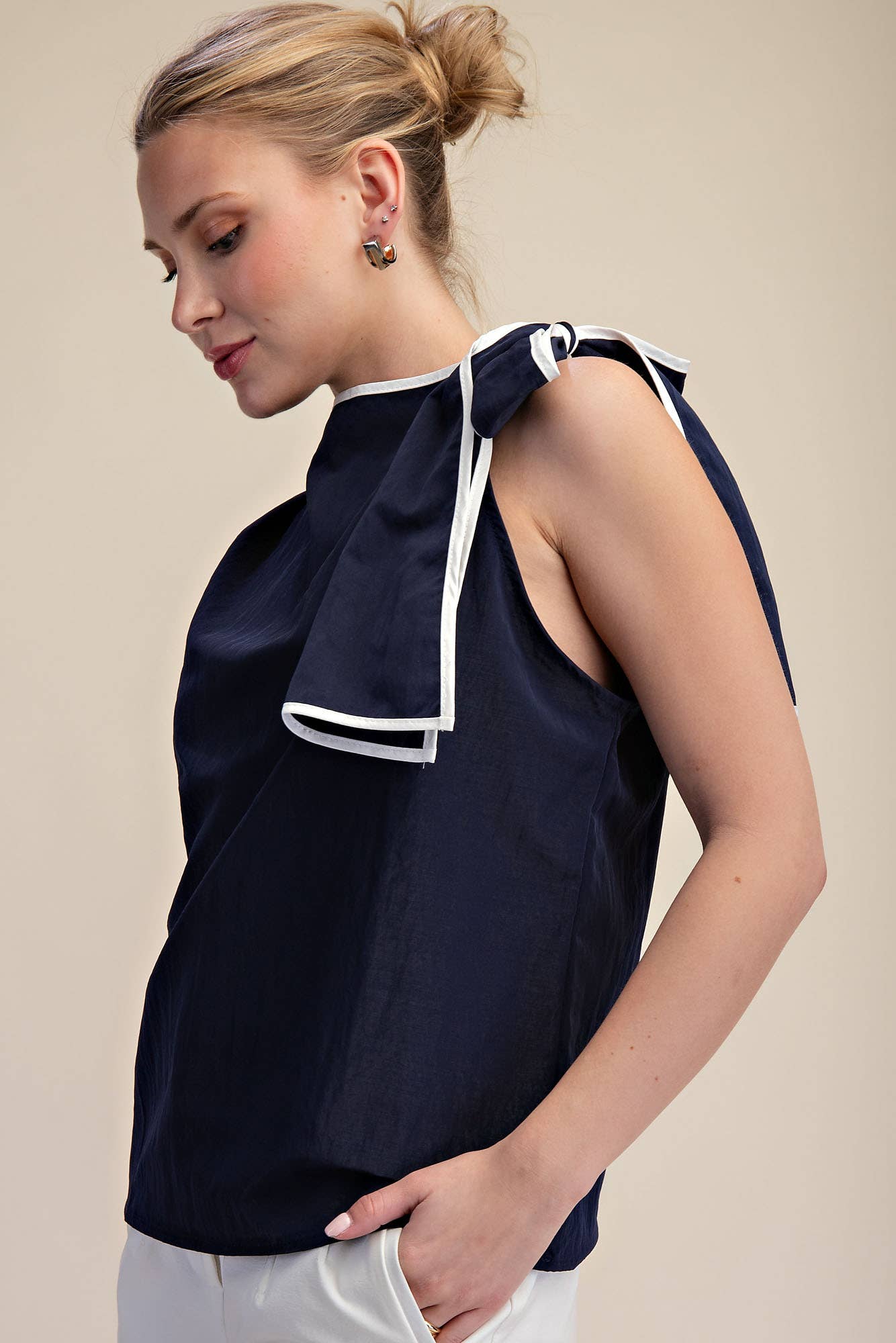 Asymmetric Pleated Shoulder Contrasting Bow Top