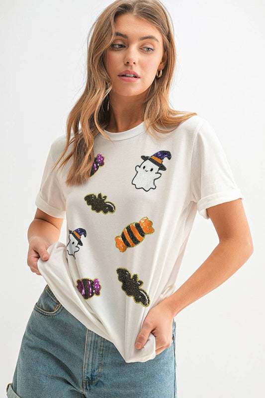 Sequined Halloween Spirit Patch Graphic T-Shirt