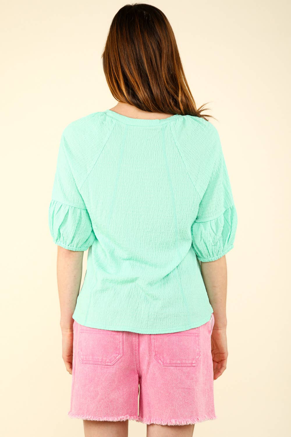Half Puff Sleeve Crinkle Knit Top
