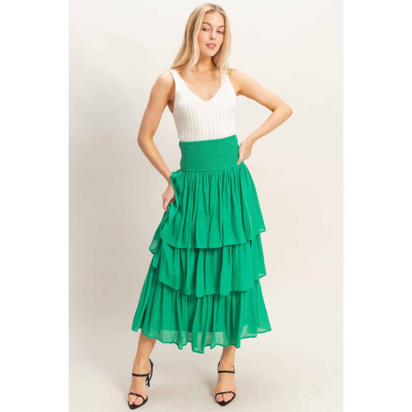 Green Tiered Smocked Waist Skirt