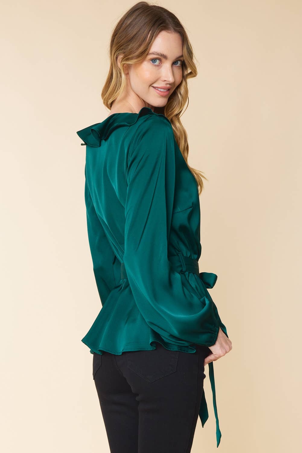 RUFFLED SATIN TOP WITH SELF TIE BELT