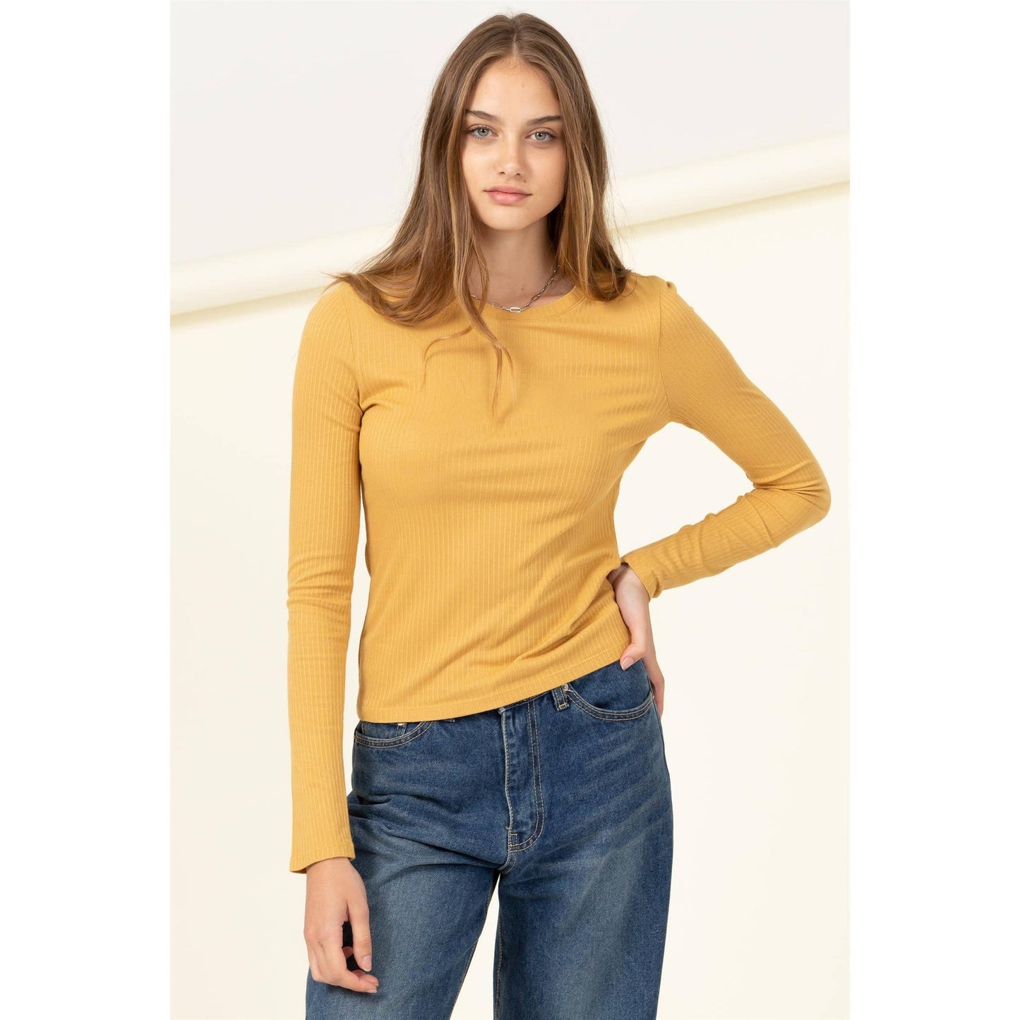 Basic Ribbed Knit Top Honey Mustard