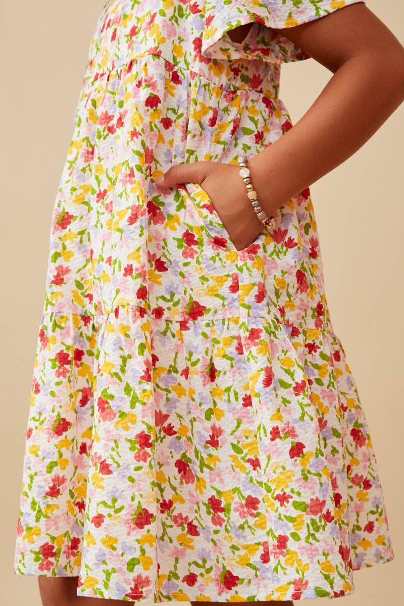 Girls Ditsy Floral V Neck Flutter Sleeve Dress