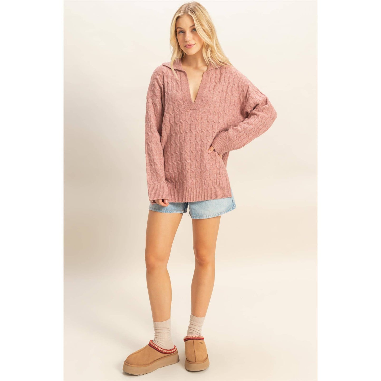 Collared Cable Sweater With Slits