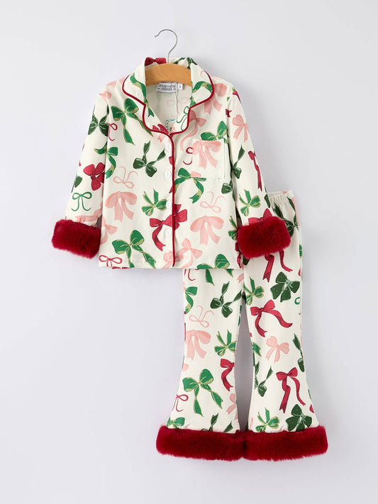 Holiday Bow Print Christmas Pajama Set – Girls Cozy Red Trim Sleepwear