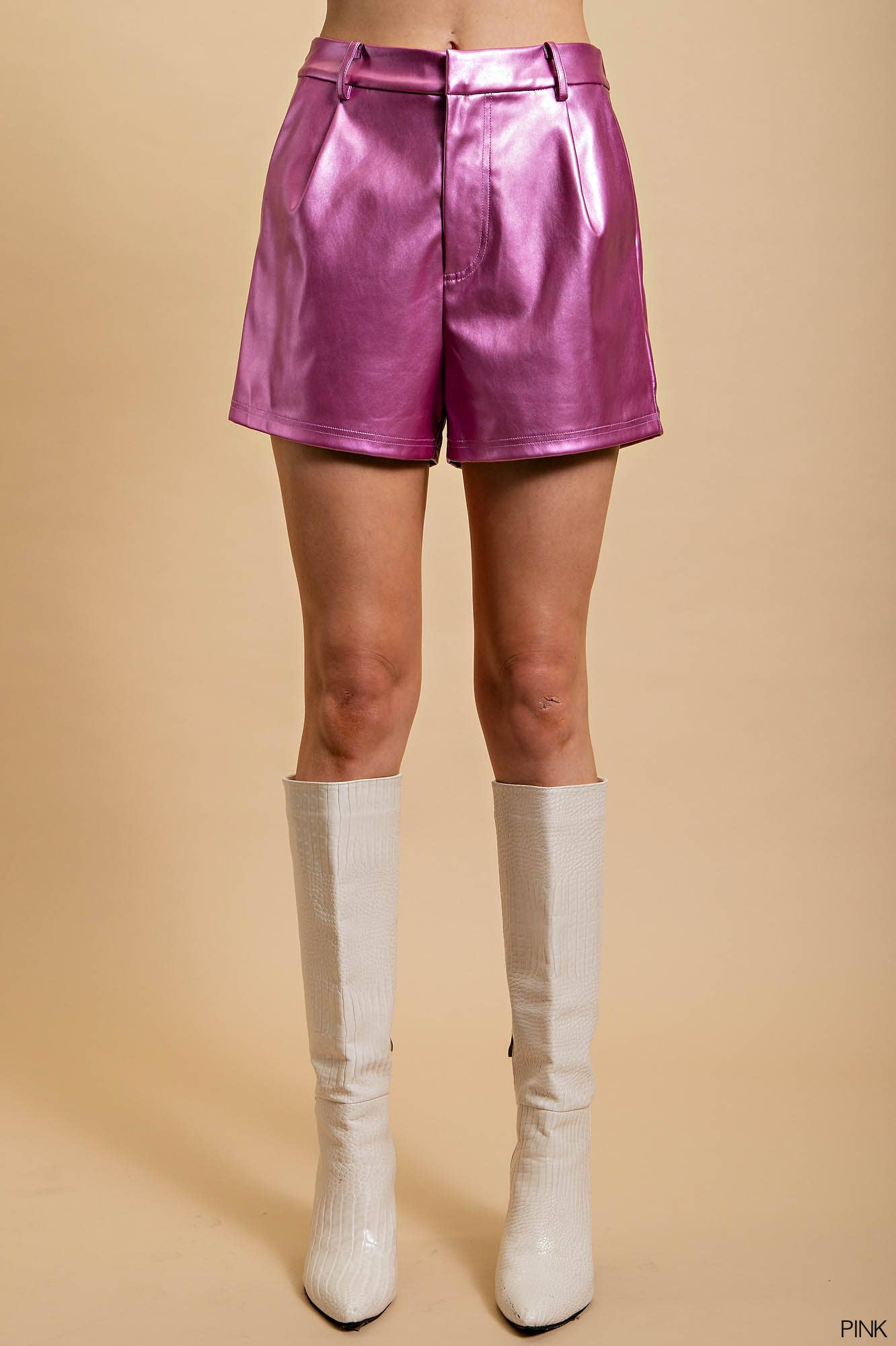 PINK SHINY METALLIC LEATHER SHORTS