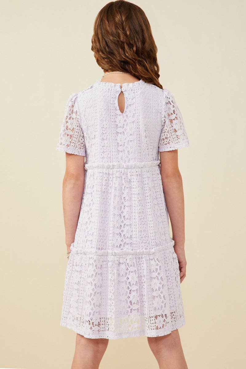 Girls Ruffle V Neck Tiered Floral Lace Dress