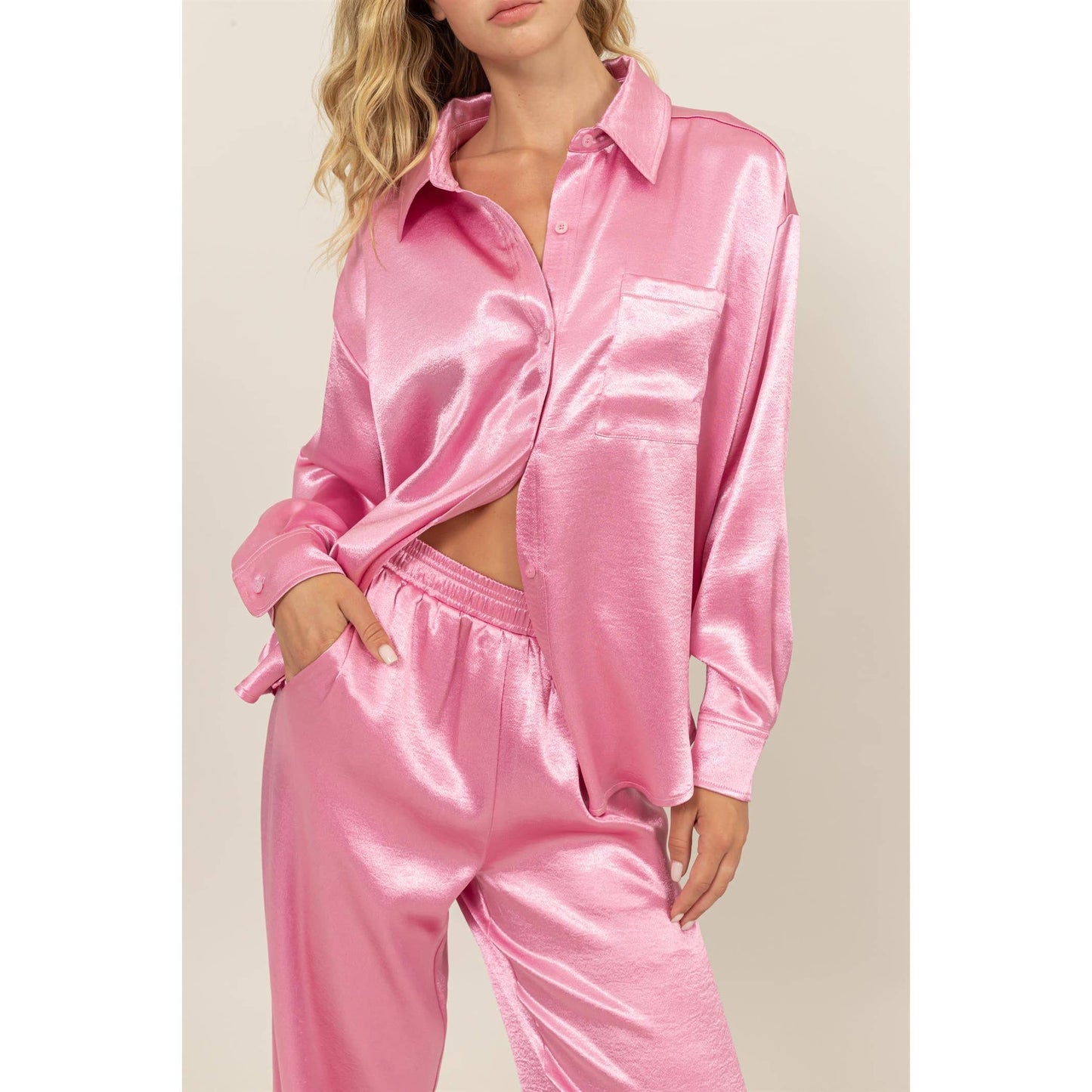 BUTTON-UP SATIN SHIRT AND PANT SET