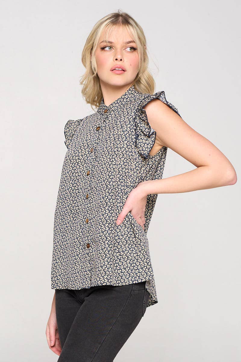 Tiny Floral Print Ruffled Sleeves Blouse
