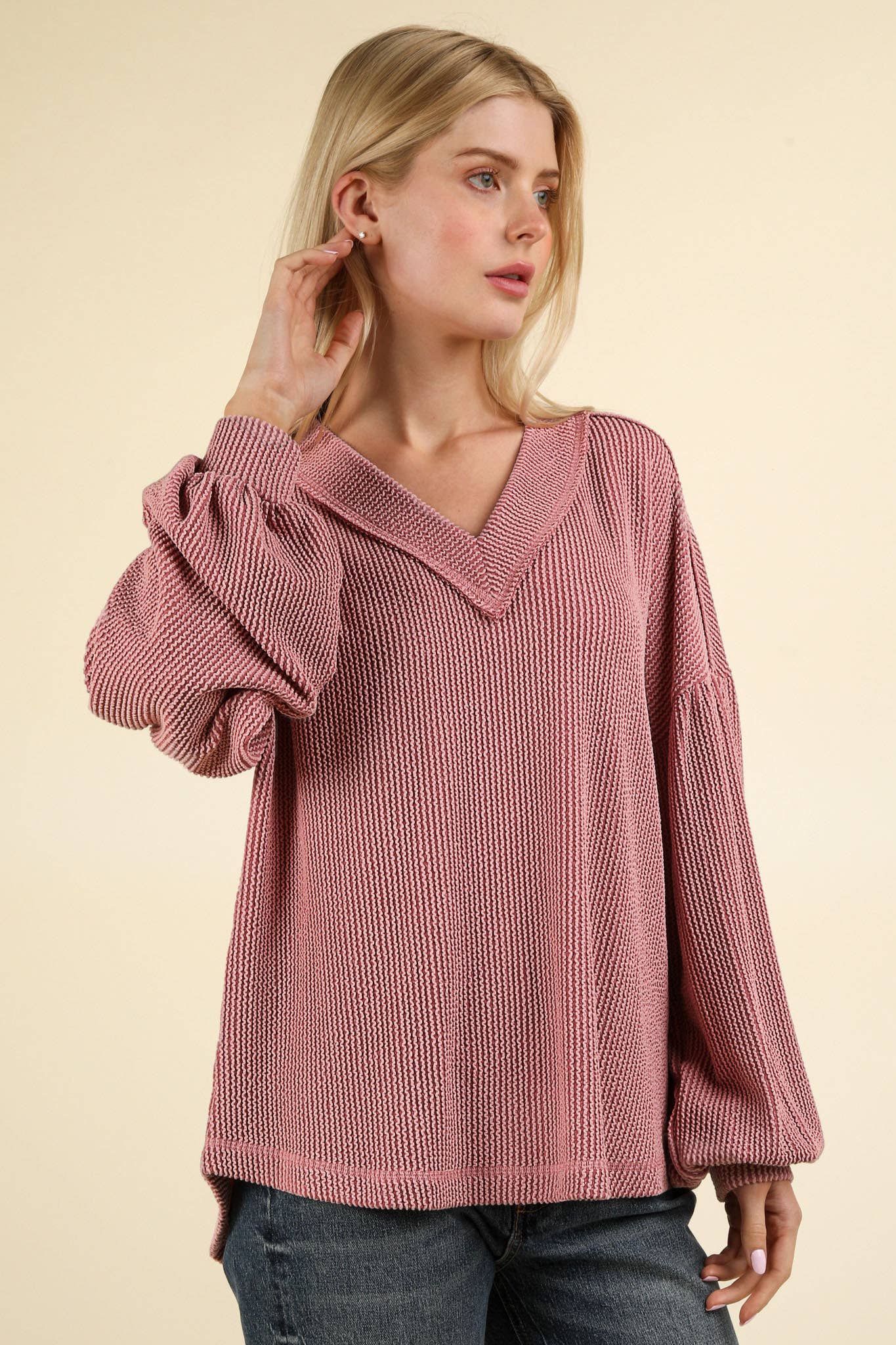 Ribbed V-Neck Oversized Knit Top