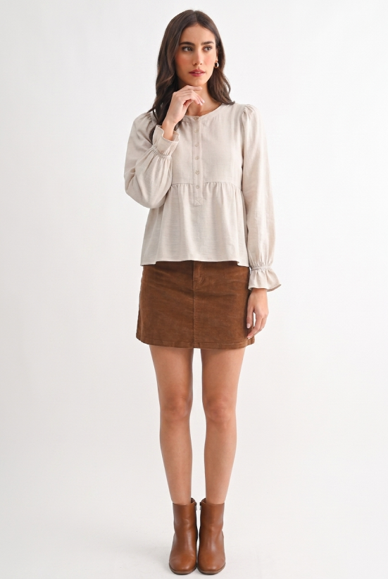 Linen Puff Sleeve Peplum Blouse