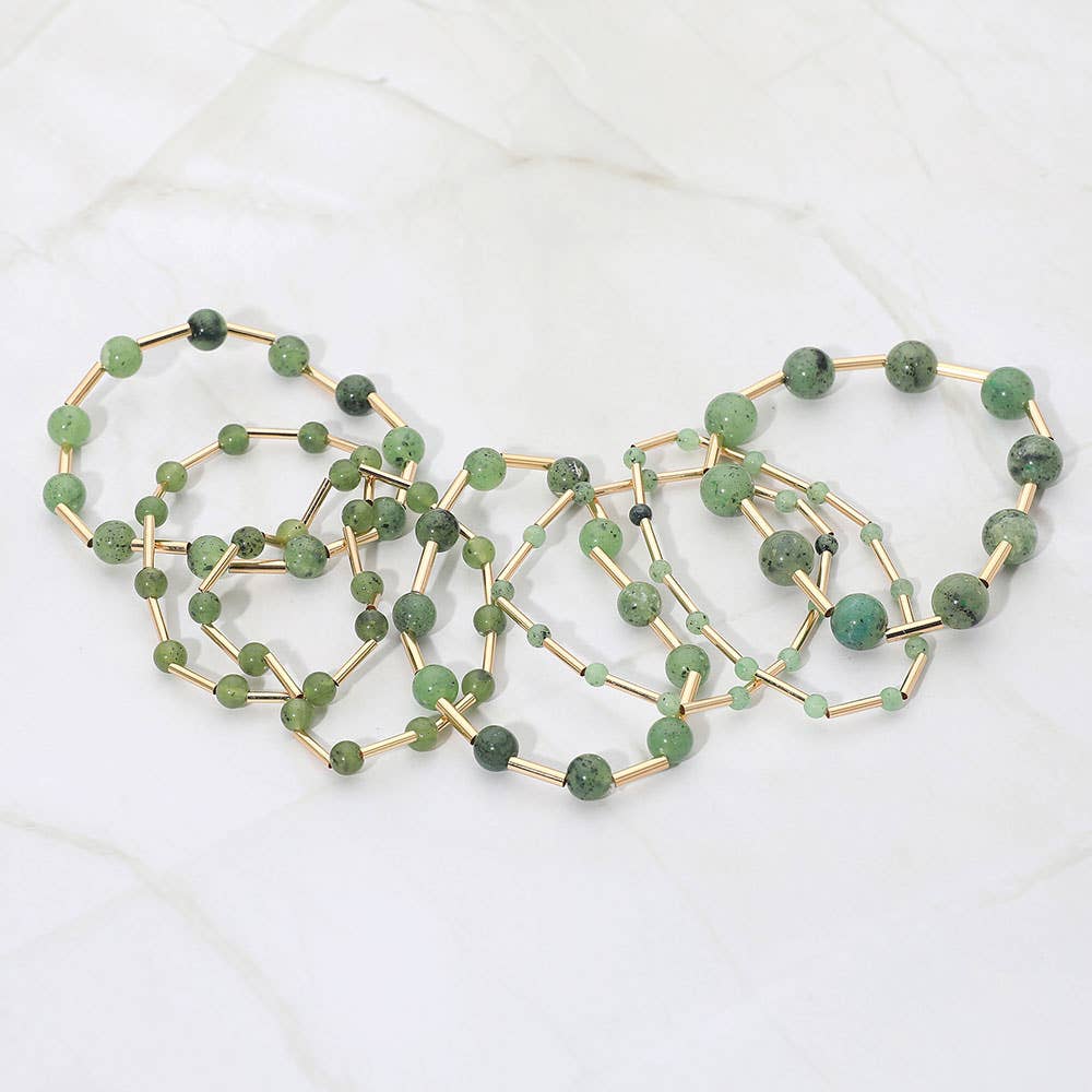7PCS - Resin Ball Metal Bar Beaded Stretch Multi Layered Bracelets