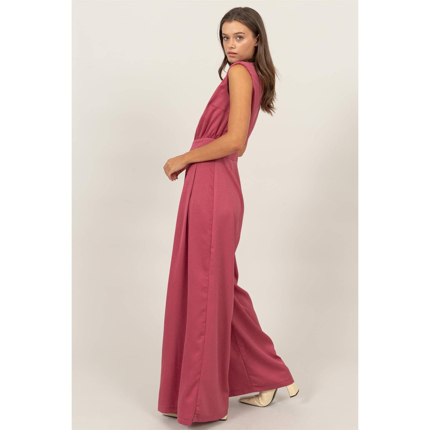 SLEEVELESS WIDE LEG SATIN JUMPSUIT