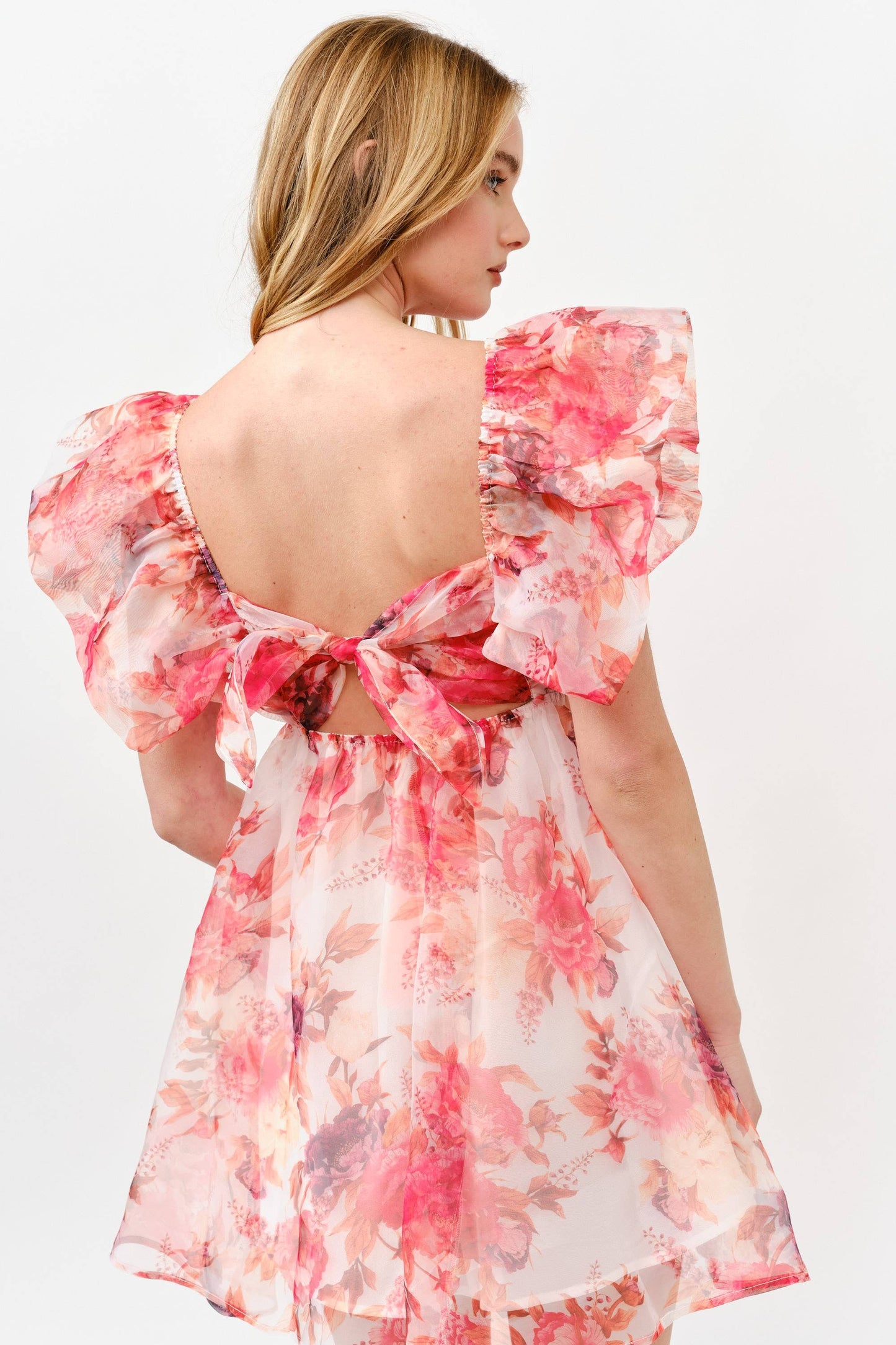 Pink Floral Chiffon Mini Dress with Ruffle Sleeves