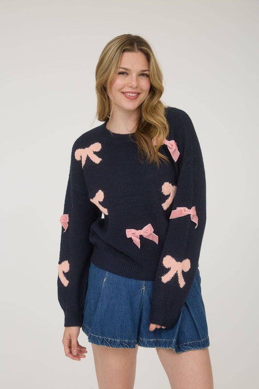 BOW PATTERN LONG SLEEVE KNIT SWEATER ~ NAVY