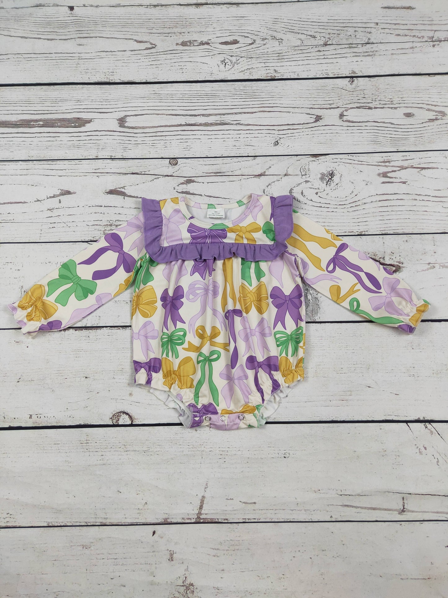 Purple Ruffle Bow Printed Mardi Gras Baby Bubble