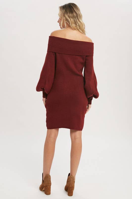 Bubble Sleeve Off Shoulder Sweater Knit Dress