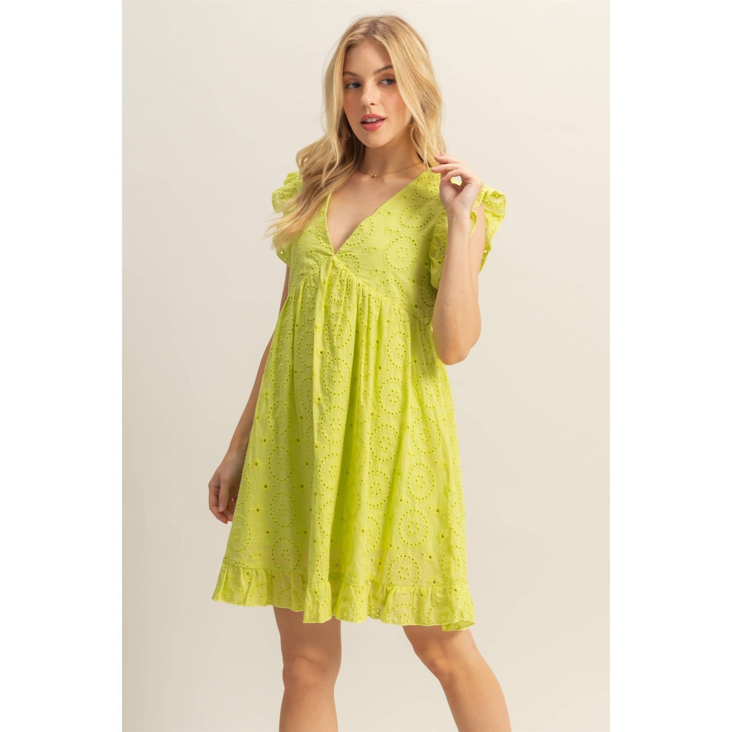 Flutter Sleeve V-Neck Eyelet Mini Dress