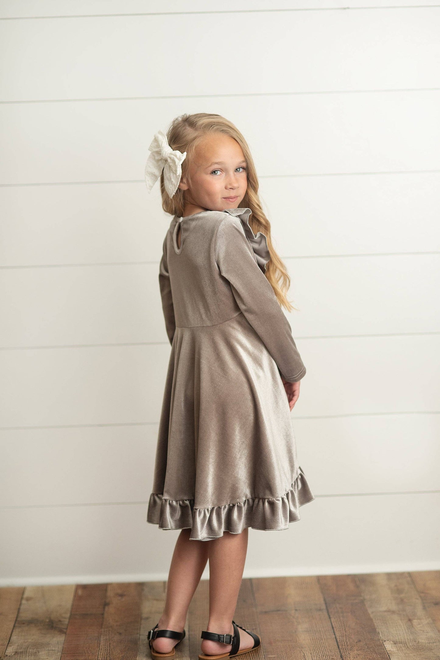 Kids Silver Velvet Ruffle Fancy Party Dress