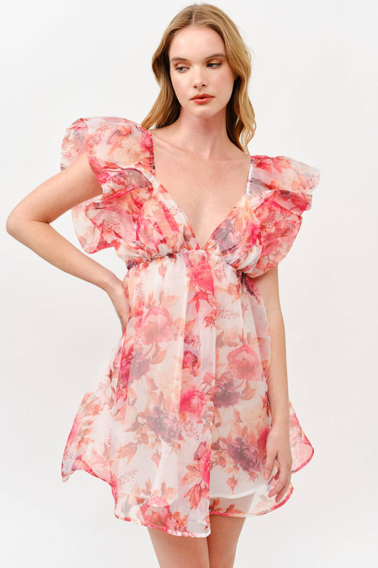 Pink Floral Chiffon Mini Dress with Ruffle Sleeves