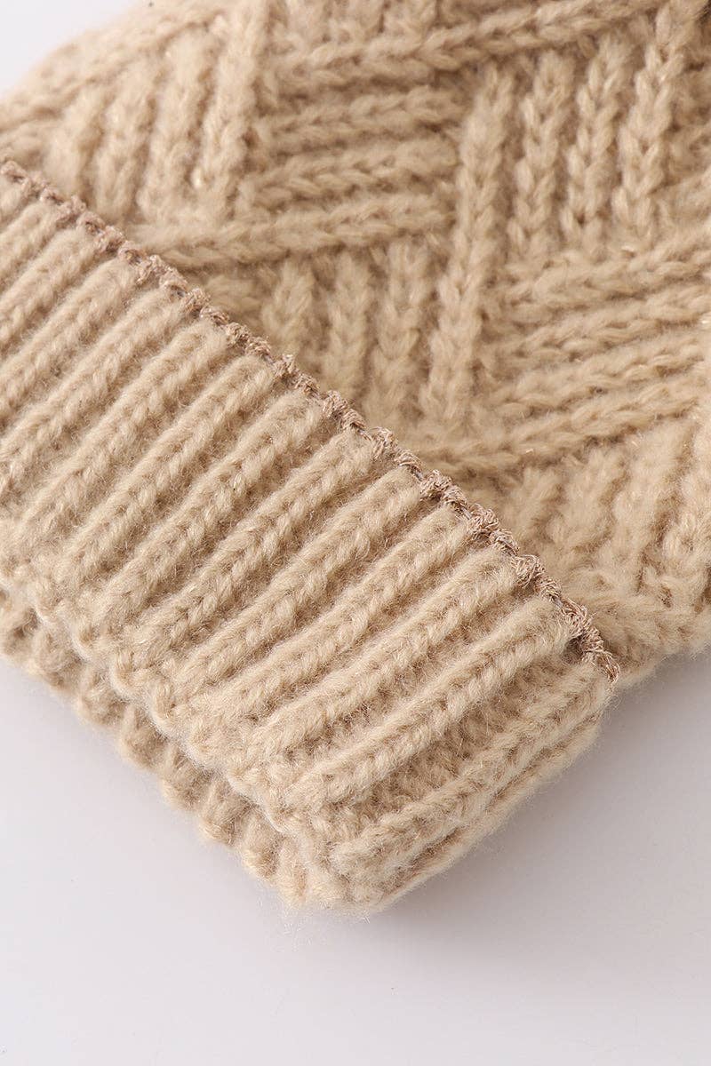 Beige cross cable knit pom pom beanie hat toddler/kids