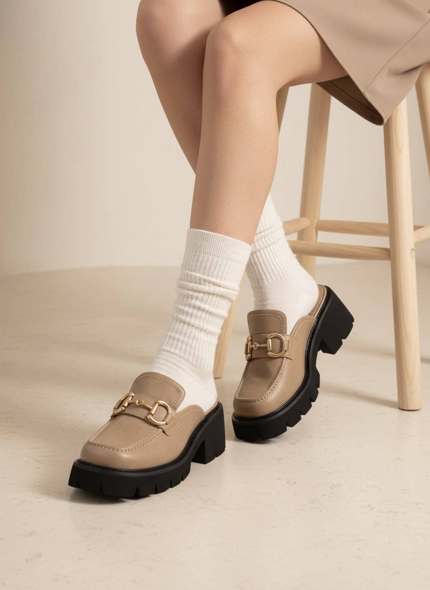 LYNN Chunky Lug Sole Loafer Mules with Horsebit Chain Detail