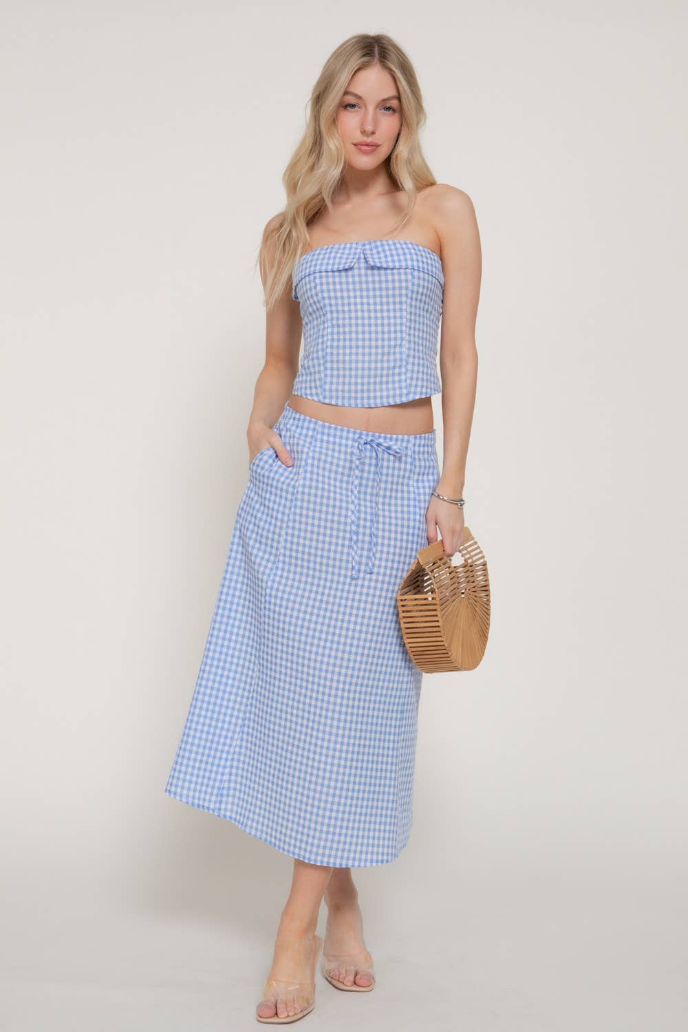 Seersucker Bandeau Top & A-line Midi Skirt Set
